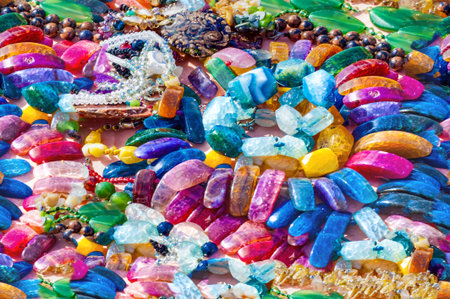 Seamless texture of semi-precious stones. Beads pendants jewelry. Semi-precious stones are hard gemstones created organically, including lava or ocean hotspots, mines and shells.の写真素材