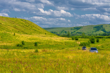 Summer landscape, river floodplain, picturesque shores, bright green grass with wild wildflowers, blue sky with white clouds, summer tender warm days,の写真素材