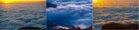 Breathtaking autumn views of the mountain ranges Majestic mist at dawn shrouds the foothills of the...