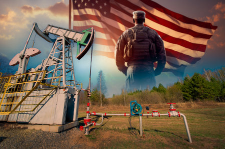 Patriotic depiction of the US military and oil industry. The image demonstrates the importance of energy independence and national security. Reflects the dedication and sacrifice of soldiersの写真素材