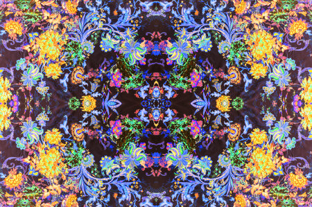 Seamless texture, bright large flowers, mostly encased in black outlines, dotted with black...