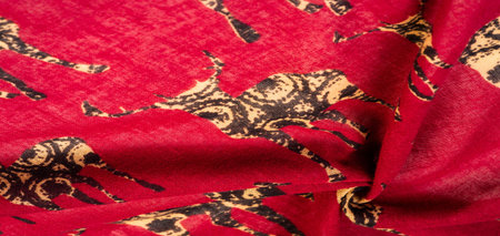 Modern decor, Textile art, Design, red cotton fabric with deer silhouette print, modern futuristic...