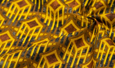 Thick cotton fabric with diamond print on yellow lines. On a gray background. Texture. Drawing. abstract geometric pattern with yellow, gray, brown diagonal, zigzag stripes, geometric backgroundの写真素材