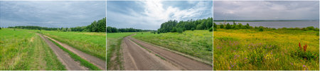 the beauty of European summer landscapes Explore fields.meadows.and ravines in the pictures Demonstrate green vegetation along the floodplain of a large river Include a picturesque dirt roadの写真素材