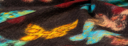 Texture, background, pattern, decor, modern, textile, art, design, black woolen fabric with colorful...