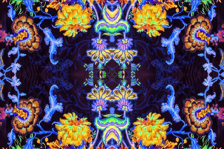 Seamless texture, bright large flowers, mostly encased in black outlines, dotted with black seed-like dots floating across the blackness of the night.の写真素材