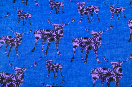 Blue cotton fabric with deer silhouette print, Modern decor, Textile art, Design, modern futuristic painting. Texture, background, pattern,の写真素材