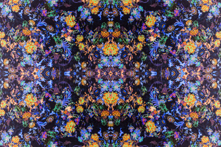 Seamless texture, bright large flowers, mostly encased in black outlines, dotted with black...