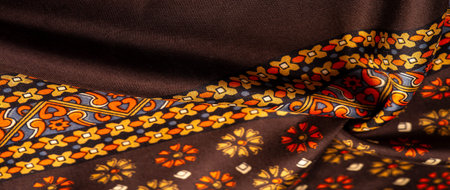 silk fabric of brown color with red and yellow colors, dense fabric, double-sided based on...