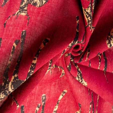 Modern decor, Textile art, Design, red cotton fabric with deer silhouette print, modern futuristic painting. Texture, background, pattern,の写真素材