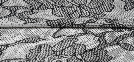 Silk fabric in black and white with lace pattern. This elastic lace trim adds softness to...