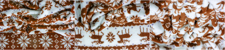 Winter-themed velvet fabric with soft, dense pile Snow deer and snowflake print Brown and white tones give winter clothing a soft and cozy feelの写真素材