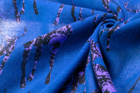 Blue cotton fabric with deer silhouette print, Modern decor, Textile art, Design, modern futuristic painting. Texture, background, pattern,の写真素材