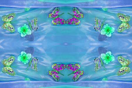 seamless. The blue-green colors of the fabric are inlaid with flora and fauna. My fancy dress. I think about incomprehensible, strange things and try to create a world around them.の写真素材