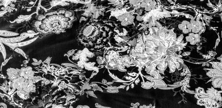 texture, cotton background, black and white colors. We present you this cotton brocade with a black and white floral pattern.の写真素材