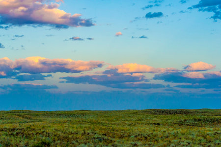Stunning sunsets illuminate the clouds in the steppe. The setting sun brings a sense of calm and tranquility. The beauty of nature is shown when the steppe falls asleep under the warm glow of the sunの写真素材