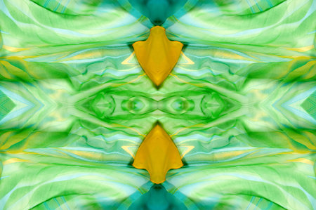 Seamless kaleidoscope. Fabric silk green-blue shades. Vibrant colors and scalloped shapes create a truly unique crepe de chine in yellow, blue and green geometric silk crepe de chine.の写真素材