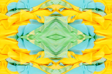 Seamless kaleidoscope. Fabric silk green-blue shades. Vibrant colors and scalloped shapes create a truly unique crepe de chine in yellow, blue and green geometric silk crepe de chine.の写真素材