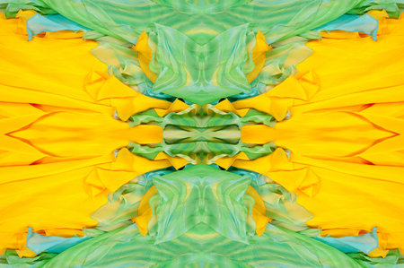 Seamless kaleidoscope. Fabric silk green-blue shades. Vibrant colors and scalloped shapes create a truly unique crepe de chine in yellow, blue and green geometric silk crepe de chine.の写真素材