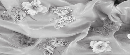 seamless. the black and white colors of the fabric are inlaid with flora and fauna.の写真素材