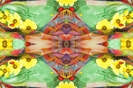 seamless. green-yellow-red fabric inlaid with flora and fauna. dress. Flexibility with yourself and...