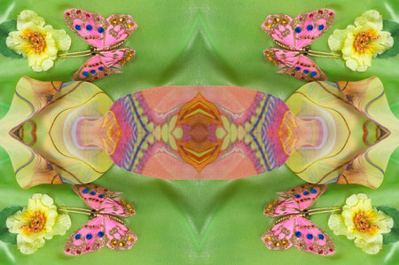 sseamless. green yellow red fabric inlaid with flora and fauna. dress. Nothing makes a woman more beautiful than believing that she is beautiful.の写真素材