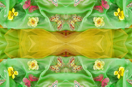 seamless. green-yellow-red fabric inlaid with flora and fauna. dress. Flexibility with yourself and...