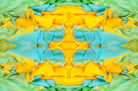 Seamless kaleidoscope. Fabric silk green-blue shades. Vibrant colors and scalloped shapes create a truly unique crepe de chine in yellow, blue and green geometric silk crepe de chine.の写真素材