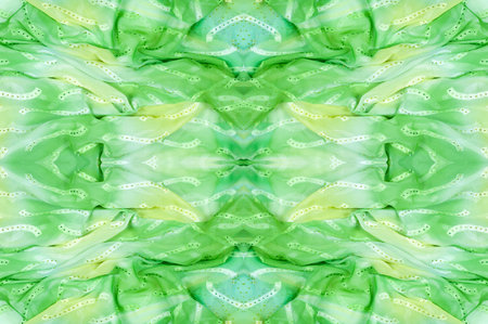 Seamless kaleidoscope. Fabric silk green-blue shades. Vibrant colors and scalloped shapes create a...