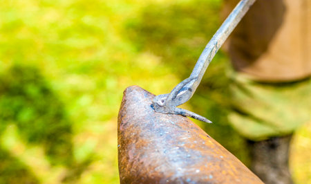 Blacksmithing is an art. Crushing a red-hot steel rod with a hammer or cutting into it with a chisel requires the participation of the entire physical being of a person.の写真素材