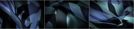 Abstract shades of black green and blue create a visually stunning design. Silk fabric gives the texture a luxurious touch. Ideal for use as wallpaper or in abstract designs.の写真素材