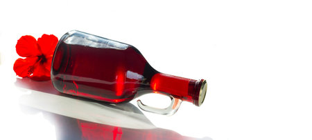 Bottle with red wine. Beer is made by people, wine is made by Godの写真素材