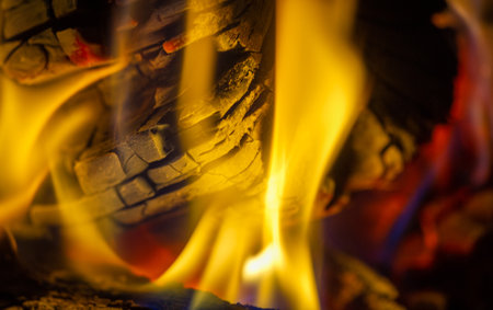 Fire in the fireplace. In the warm light of a campfire, our pupils naturally dilate.の写真素材