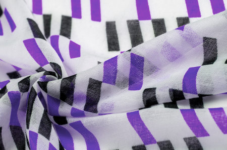 White silk fabric with purple and black geometric rhombus shapes. abstract drawing blue franc,...