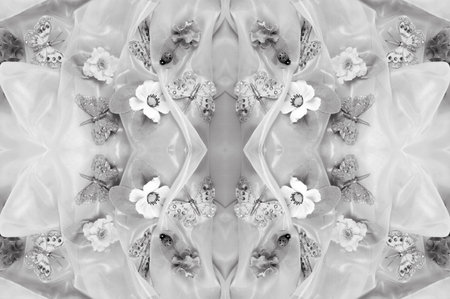 seamless. the black and white colors of the fabric are inlaid with flora and fauna.の写真素材