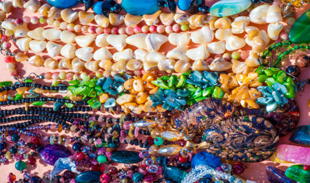 semiprecious stones. Beads pendants decoration. Semi-precious stones are hard gemstones created organically. including lava or ocean hotspots, mines and shells.の写真素材