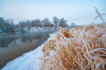 Enjoy the beauty of a winter wonderland. Witness the serene sunrise over the frozen river. Enjoy the tranquility and natural beauty of this place.の写真素材