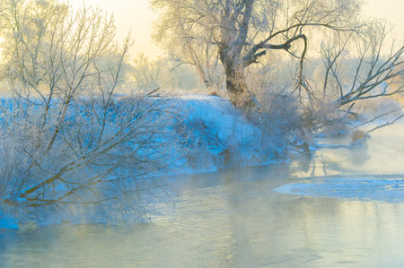 Enjoy the breathtaking beauty of the frozen river at sunrise. Witness nature's mesmerizing canvas of shimmering frost. Immerse yourself in the splendor of icy beauty. The splendor of the sunrise.の写真素材