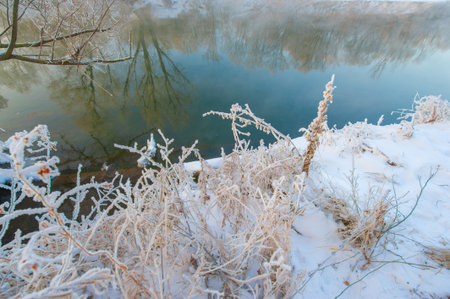 Experience the spectacular beauty of nature's colors at sunrise. Watch the warm sunlight reflect on the icy river. Feel a sense of calm and wonder in the presence of this winter magic.の写真素材