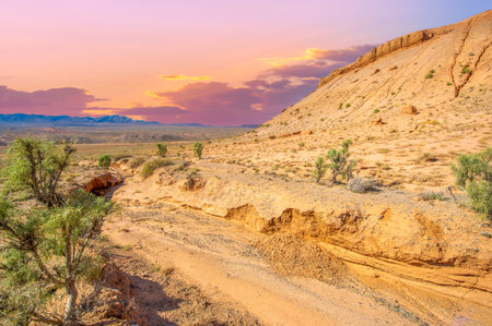 Enjoy the mesmerizing beauty of a desert sunset in the Red Bogut Mountains Witness the golden glow of the sun illuminating the jagged peaks Be captivated by the breathtaking awe inspiring spectacleの写真素材