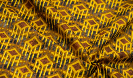 Thick cotton fabric with diamond print on yellow lines. On a gray background. Texture. Drawing....