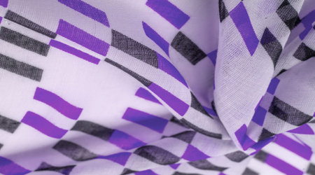 White silk fabric with purple and black geometric rhombus shapes. abstract drawing blue franc,...
