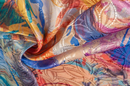 silk fabric in a painted artistic palette, abstract drawing, bright colors, red-yellow-blue color,...