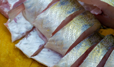 The fish is ready to eat. These are aquatic cold-blooded vertebrates that live both in the sea and in fresh water. Many types of edible fish are excellent sources of nutrients.の写真素材