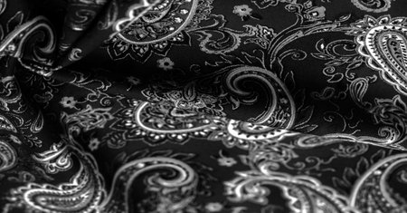 Paisley black-white pattern on a black background. decorated the bandanas of cowboys and bikers popularized by The Beatles, ushered in the era of rock and roll.の写真素材