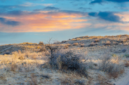 Autumn. Steppe. Sunset. Dunes. Feel the beauty of autumn in the steppe. Watch the sun set over the dunes. Immerse yourself in stunning scenery.の写真素材