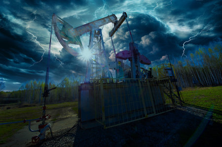 Pumpjack Stunning visual depiction of a pumping machine in storm clouds. Unique and attractive design. Transmits the power and energy of industrial equipment.の写真素材