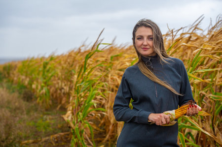 Autumn themed photo shoot with a girl and an ear of corn Beautiful warm gray dress on the girl Colorful trees in the background add to the autumn atmosphereの写真素材