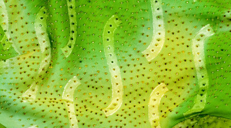 Seamless kaleidoscope. Fabric silk green-blue shades. Vibrant colors and scalloped shapes create a...