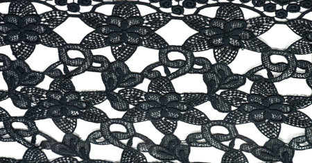 Lace fabric in black. Pure cotton lace with floral pattern embellished with embroidery. Light Transparency. Textured. Background. Patternの写真素材
